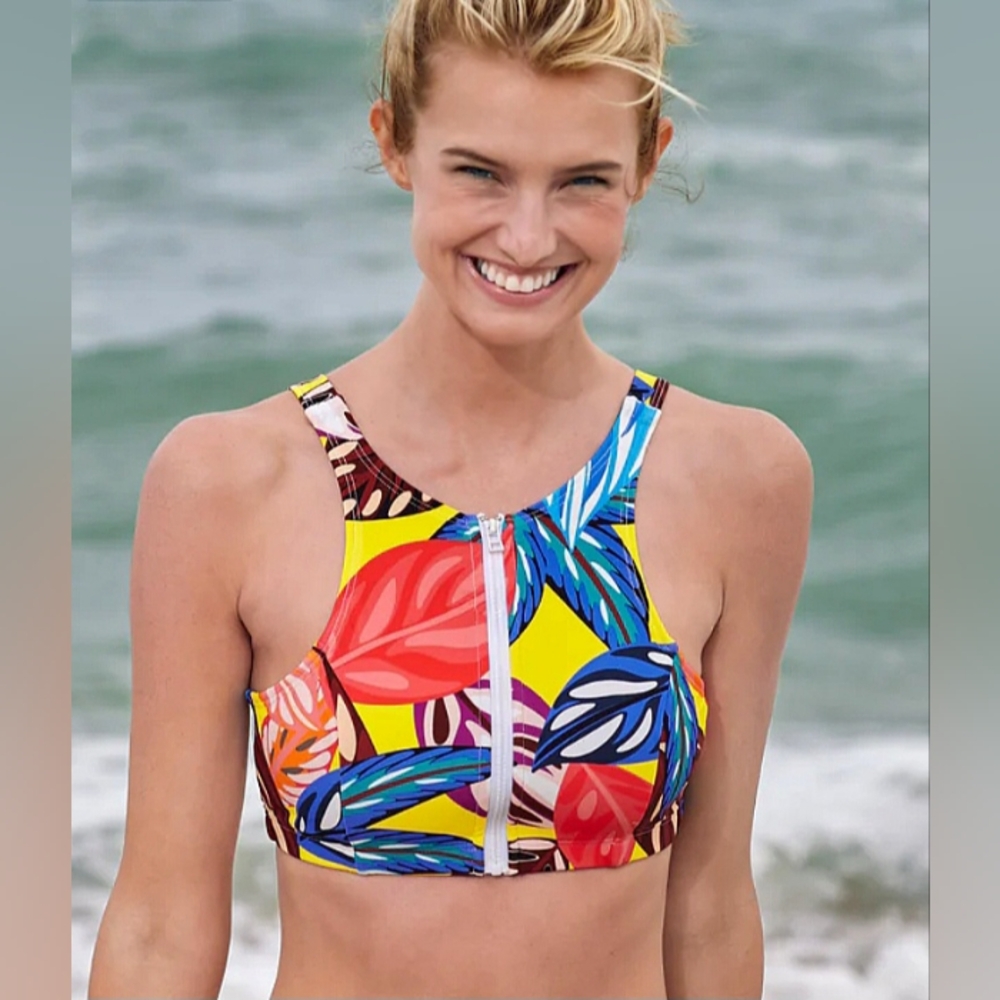 VENUS High-Neck Zip-Up Havana Brights Bikini Top, Size 12